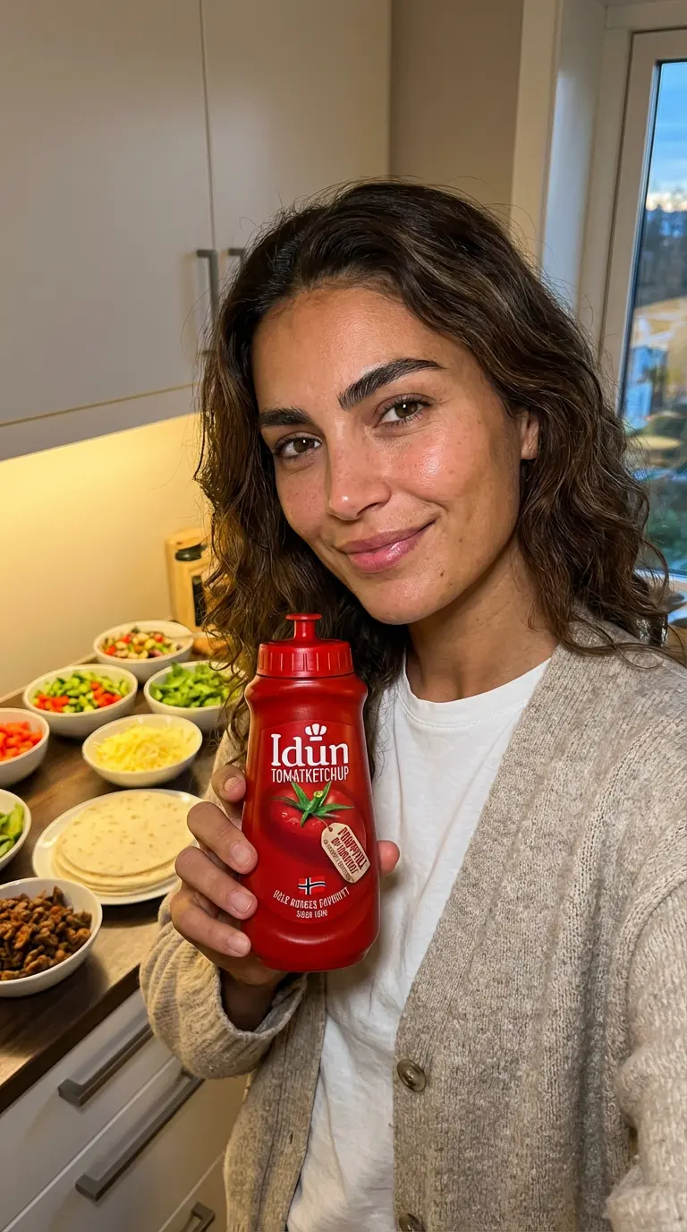 AI-generated UGC ad: a creator holds a ketchup bottle in a kitchen laid out with taco toppings.