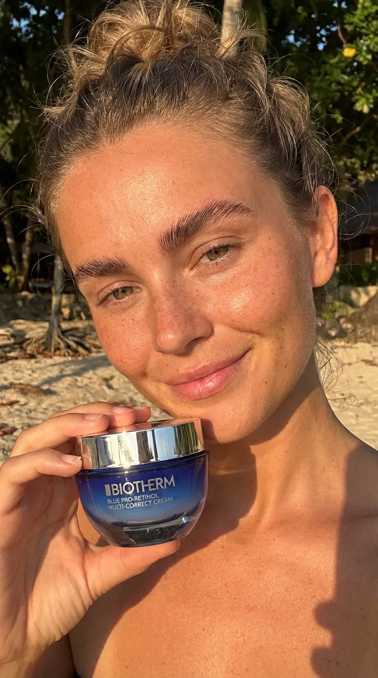 AI-generated UGC ad: a creator holds a blue skincare jar beside her face on a sunlit beach.