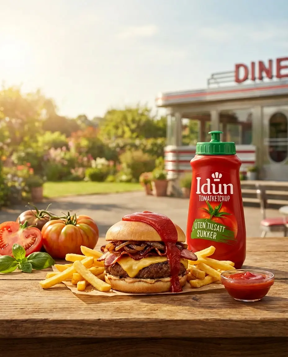 AI-generated food ad: a bacon cheeseburger and fries beside a ketchup bottle outside a roadside diner.