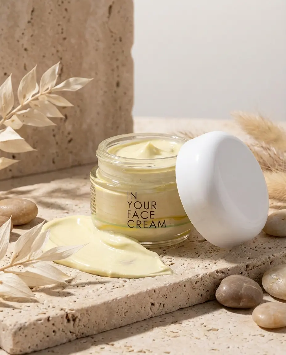 AI-generated skincare packshot: an open face-cream jar on travertine with dried botanicals and a swatch of cream.