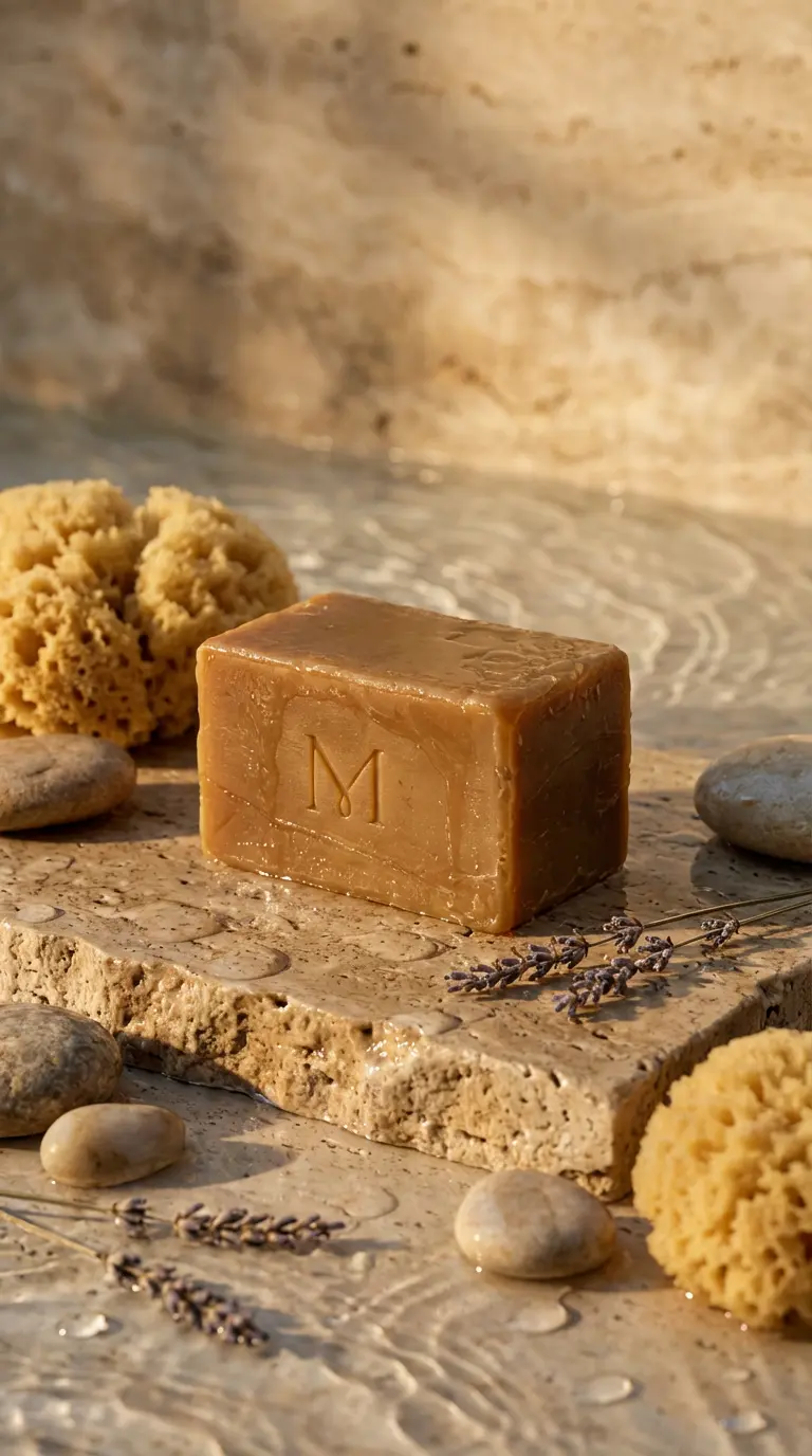 AI-generated packshot: a monogrammed soap bar on wet travertine with natural sponges and lavender.