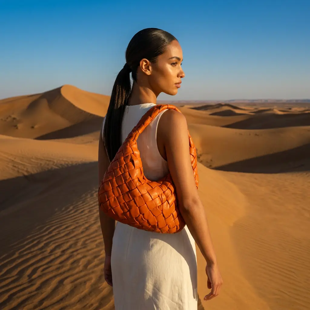 AI-generated fashion ad: a model in a white dress carries a woven orange leather bag across desert dunes.