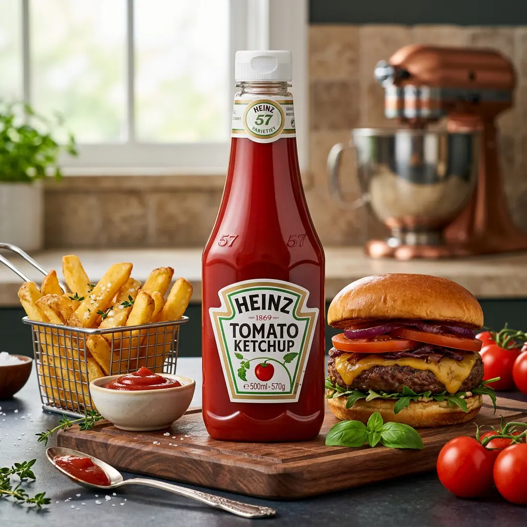 AI-generated food ad: a ketchup bottle between a basket of fries and a cheeseburger on a wooden board.