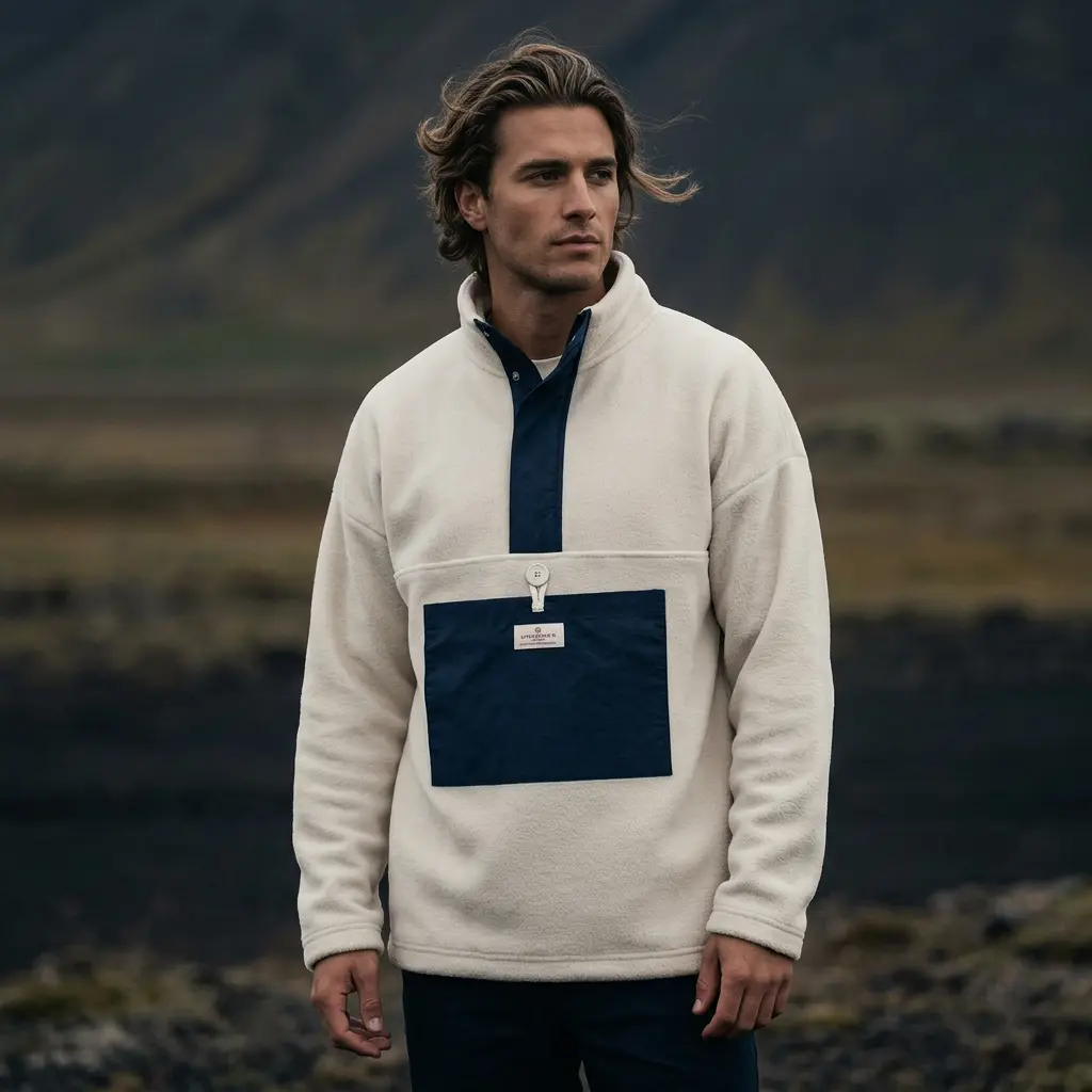 AI-generated apparel ad: a model wearing a cream fleece pullover with a navy chest pocket on volcanic terrain.