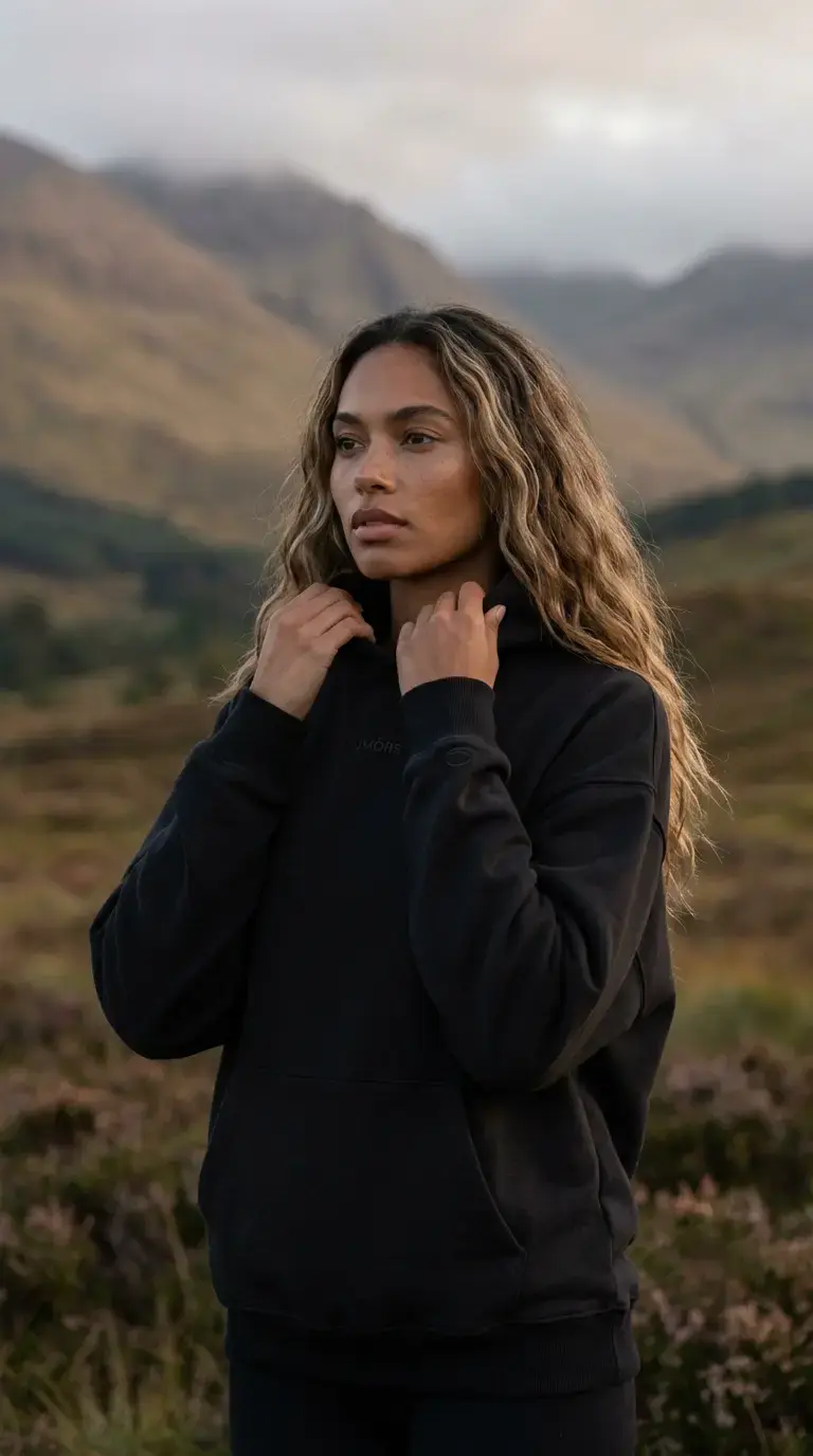 AI-generated apparel ad: a model pulls up the collar of a black hoodie in a misty highland valley.