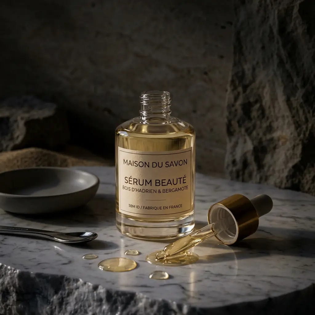 AI-generated packshot: a glass serum bottle and gold dropper on marble in low, directional light.