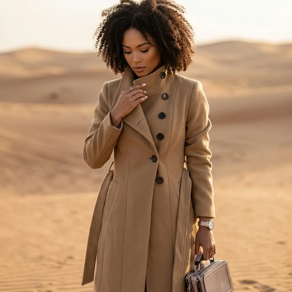 AI-generated fashion ad: a model in a camel wool coat holds a small handbag in the desert.