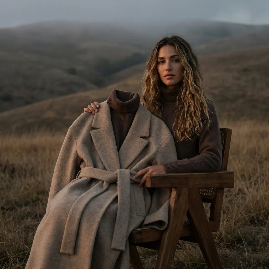AI-generated fashion ad: a model seated in an open field with an oatmeal wool coat draped over the chair.